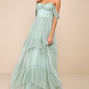 Lulus Stunning Personality Sage Green Mesh Off-the-shoulder Maxi Dress - Size XL
